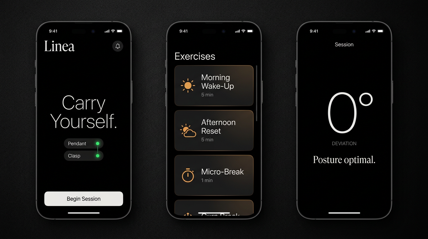 Linea App Screens showing Home, Exercises, and Session views